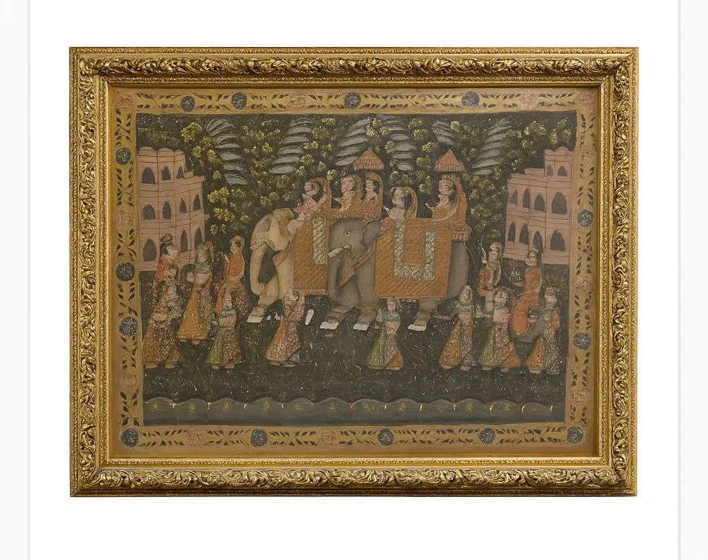 FRAMED TAPESTRY Detailed elephant procession scene. Ornate gold frame. Approx. 36" x 48"
